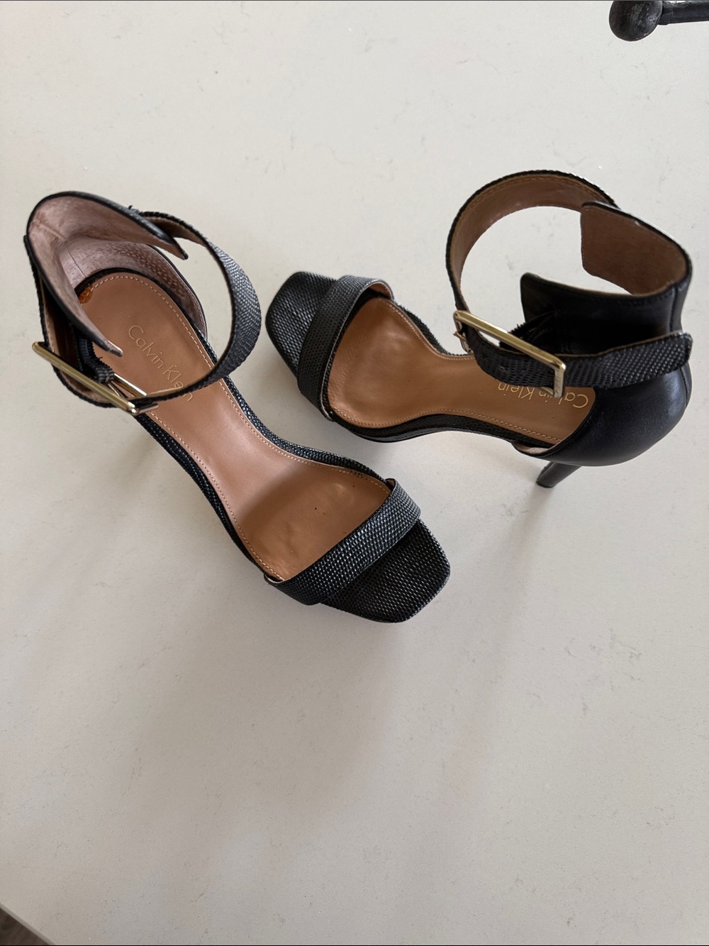 Calvin Klein Black Ankle-Strap Open-Toe Platform Heels with Gold Buckle